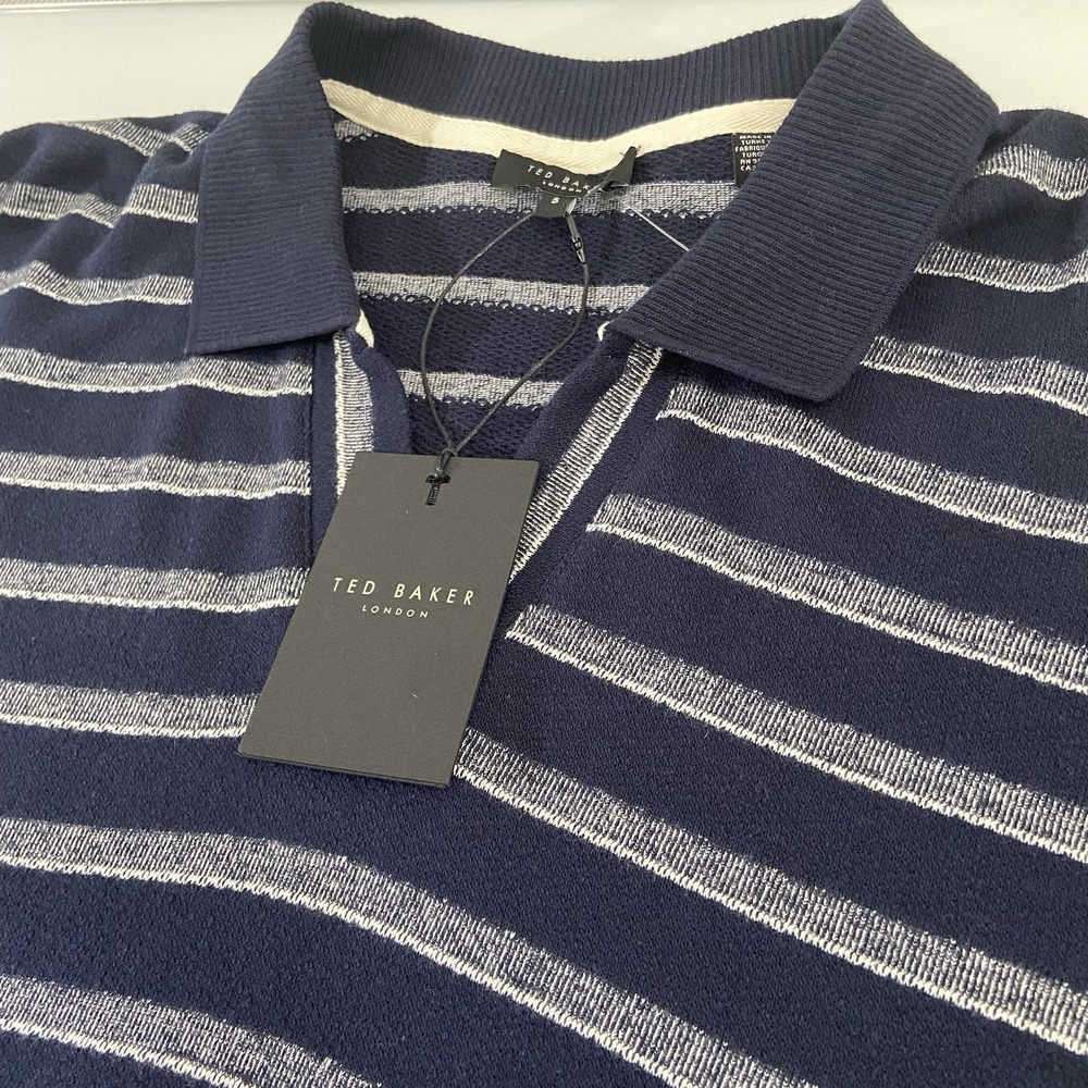 Ted Baker Men's Oversized Navy/Silver Striped Open Collar Polo Size 5 (XL) NEW